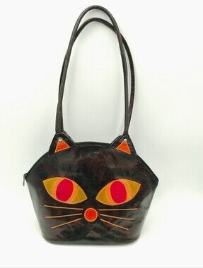 Genuine Leather Cat Face Shoulder Bag Purse Vintage 1990s Made In India